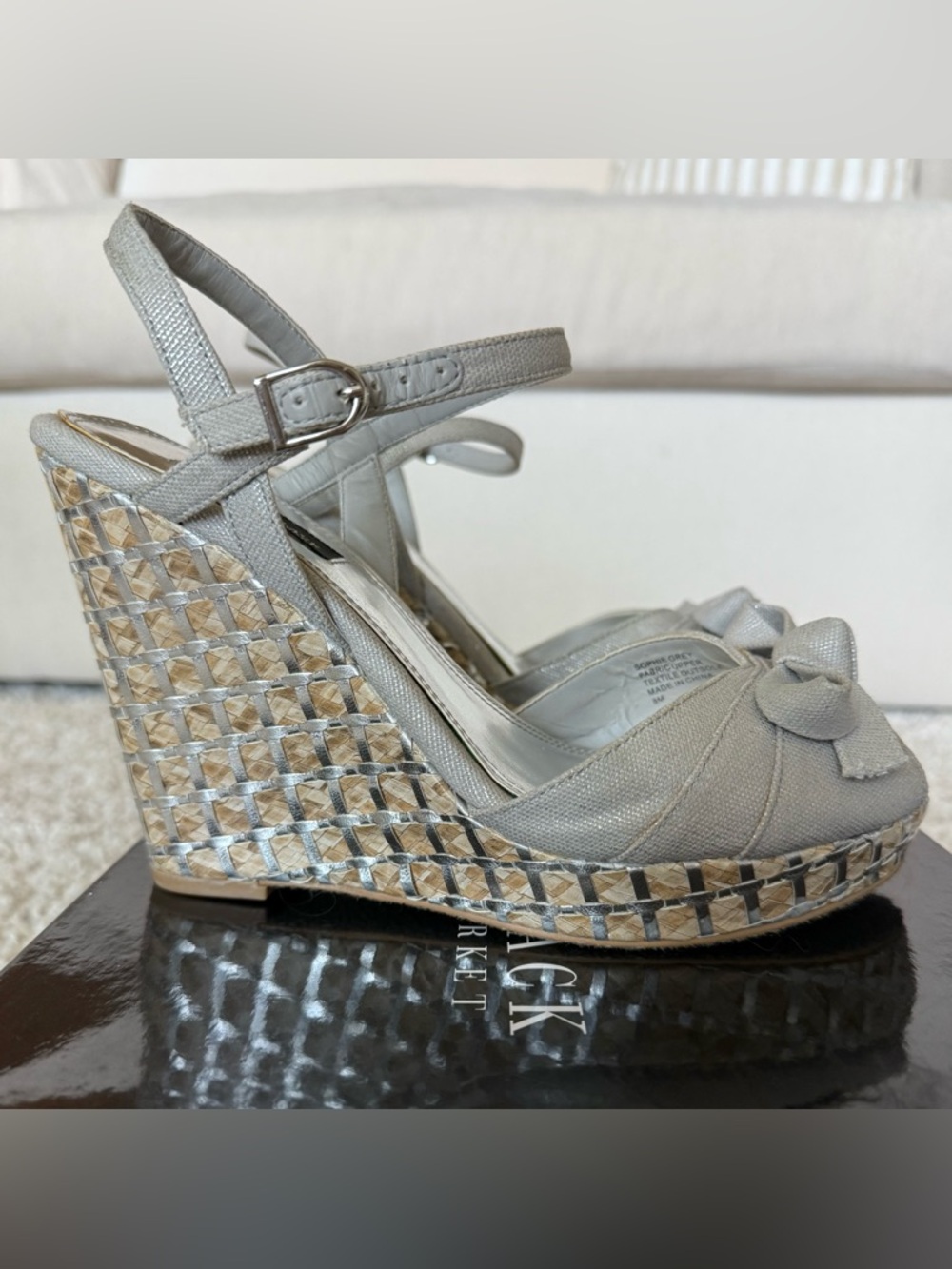 White House Black Market Silver-Tone Woven Sophie Wedge Sandals